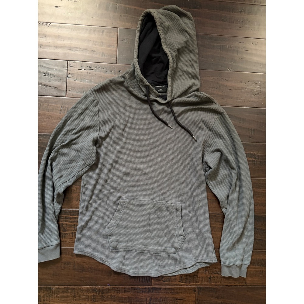 Hollister Mens Waffle Knit Thermal Hoodie Olive Green Pullover Large